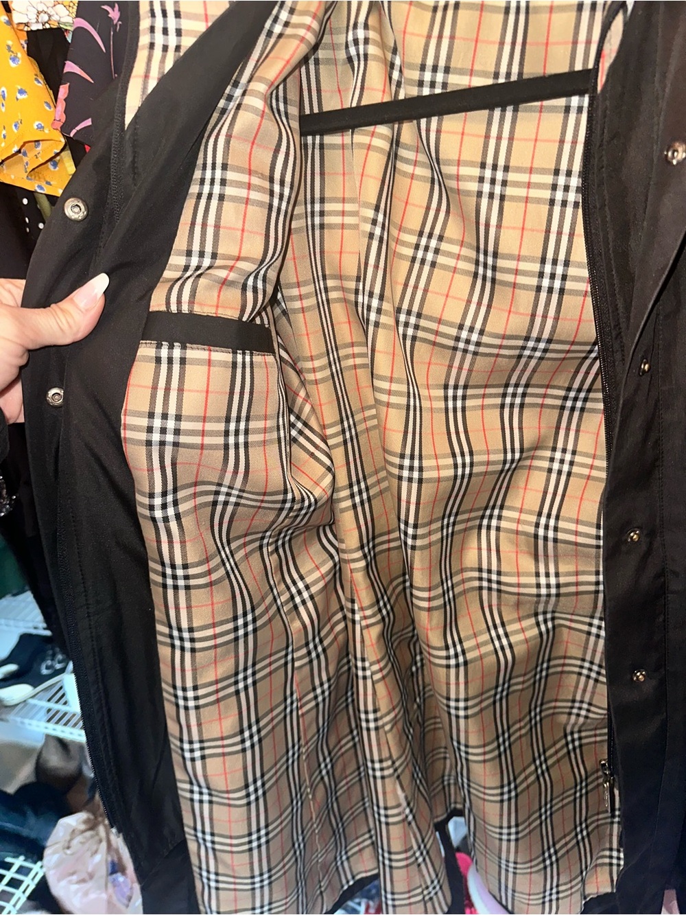 Black Burberry Trench Coat with Plaid Trim and Belt - Picture 3 of 3